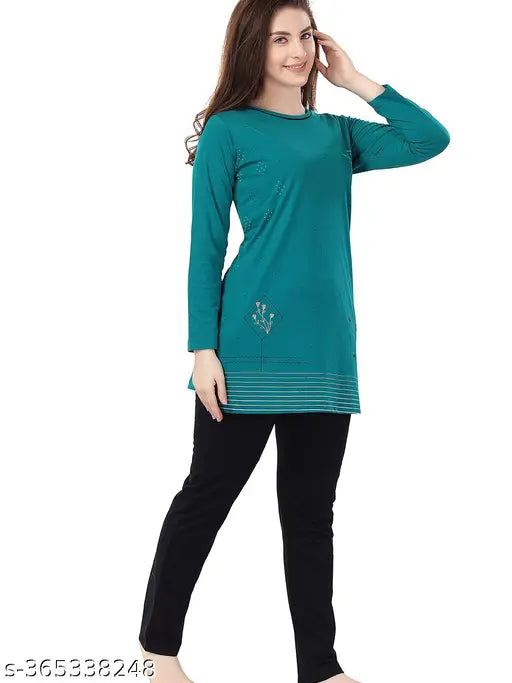 Cotton Women's Floral Printed Night Suit, long sleeves with round neck, size XXXL (bust 42in), India-made