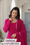 Pink Georgette printed maxi dress with dupatta and bottom for women, Indian fashionable attire on mannequin