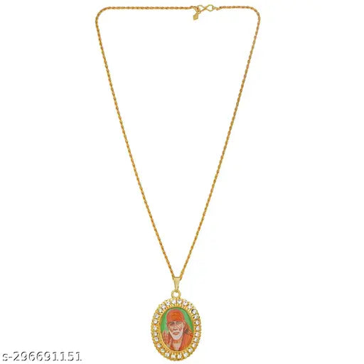 Gold-plated brass Shirdi Sai baba photo pendant, 2" x 1.25", CZ studded