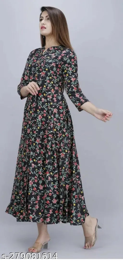 Black rayon Anarkali gown with printed patti design, suitable for festivals and parties
