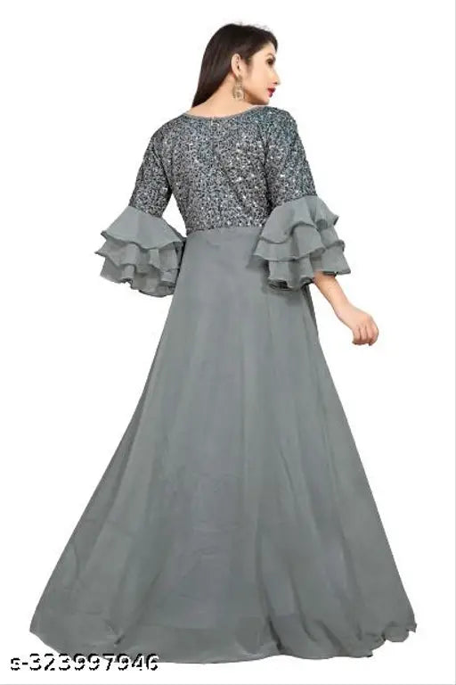 Georgette, three-quarter sleeve, solid voguish gown. Indian bridal wear on model