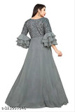 Georgette, three-quarter sleeve, solid voguish gown. Indian bridal wear on model
