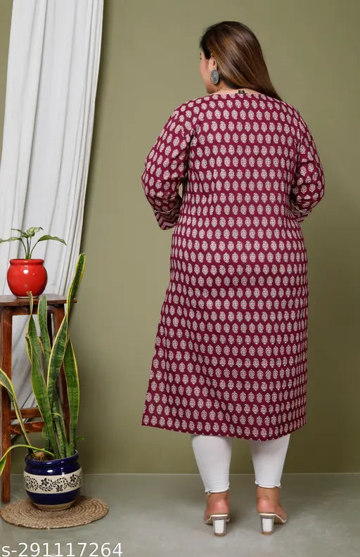 Maroon plus size floral print cotton straight kurta (3/4 sleeves), perfect for any occasion, 100% pure cotton, country of origin: India