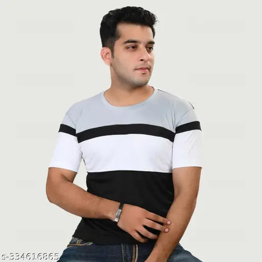 Stretchable Lycra colorblocked sports t-shirt for men, suitable for athletic activities. XS (32in x 24in), S (34in x 25in), M (36in x 26in), L (38in x 27in), XL (40in x 28in). Made in India