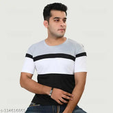 Stretchable Lycra colorblocked sports t-shirt for men, suitable for athletic activities. XS (32in x 24in), S (34in x 25in), M (36in x 26in), L (38in x 27in), XL (40in x 28in). Made in India