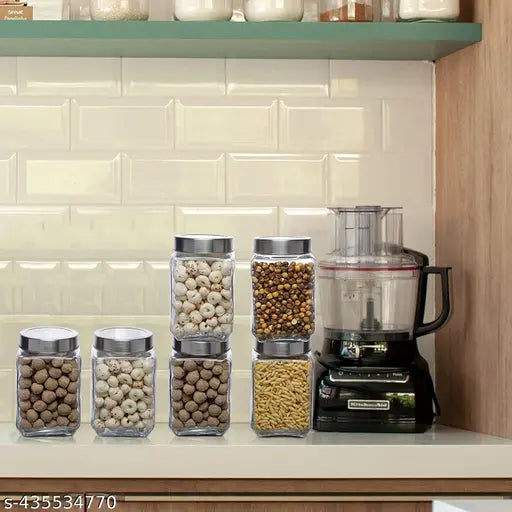 Transparent airtight glass cube jars, 1000ml each, stylish pack of 6 for kitchen storage