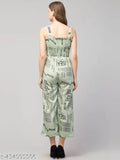 Green crepe paperprint designer jumpsuit, three-quarter sleeve length for ladies and girls