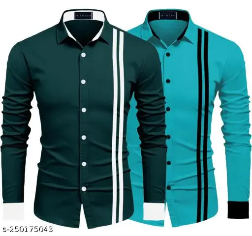 Green striped cotton long-sleeved 2-line shirts with Firoji collar, dashing design from India