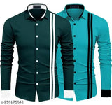 Green striped cotton long-sleeved 2-line shirts with Firoji collar, dashing design from India