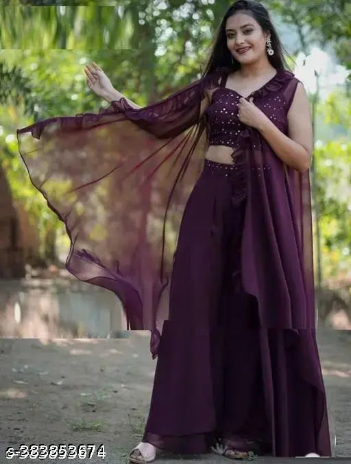 Georgette embroidered Sharara set: Chic crop top, shrug & dupatta, perfect for Indian weddings. Mirror work detailing on India-made fashion