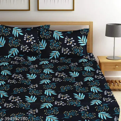 White botanical print ZCI cotton 210TC double bedsheet with 2 pillow covers, ideal for summer use