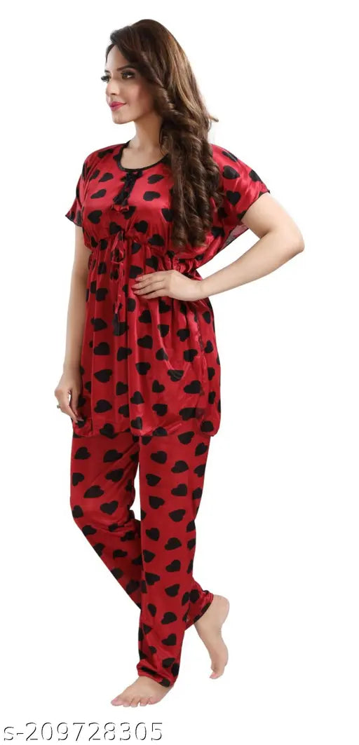 Rich satin night suit for women/girls, printed kaftan pyjama set - BIUNIQ's new collection, elastic waist and side pockets, soft and comfortable sleepwear and loungewear