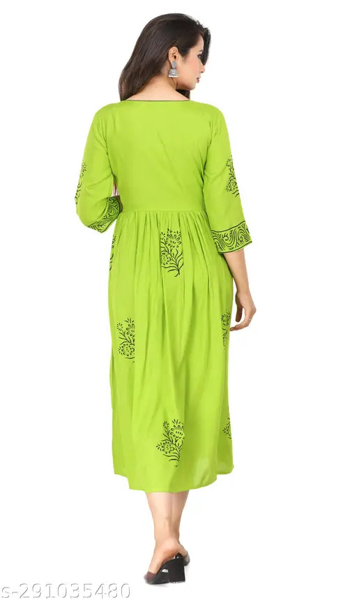 Rayon hand-block print Anarkali Kurta - lightweight, breathable daily wear, home washable in three-quarter sleeves