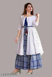 Royal blue printed anarkali kurti with white dot koti, rayon, three-quarter sleeves, India