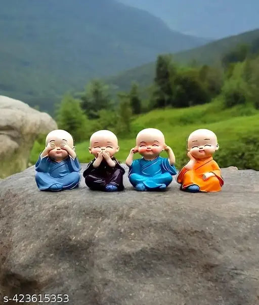 Laughing Buddha Monk Resin Idol: 4 miniature figurines, 4cm breadth x 5cm height, Indian crafted religious idols for car decor or home decor, capturing serene expressions and peaceful postures