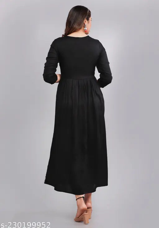 Rayon, three-quarter sleeves trendy black embroidered Anarkali kurti for women, zari woven partywear