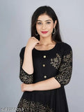 Black rayon long kurti, Manbhar Fashion's latest Indian party wear with three-quarter sleeves and printed combo. Perfect for special occasions like weddings, engagements, receptions, and parties." (125 characters)