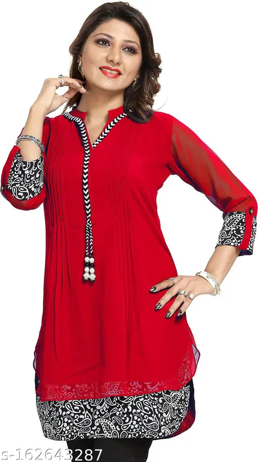 Red and white solid A-line Georgette kurta with three-quarter sleeves by Meher Impex for women