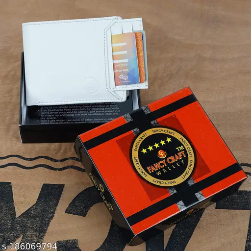 White PU leather mini wallet, 8 card slot, sleek formal design for men's travel and casual use