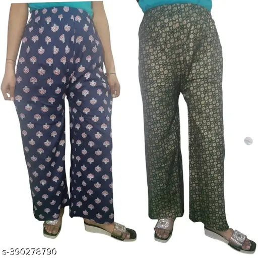 Rayon floral print plazo trousers, elastic waistband with drawstring, various sizes available, Indian origin
