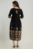 Rayon printed long flared Anarkali kurta, black, three-quarter sleeves, India-origin women's fashion accessory
