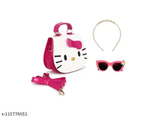 Pink fabric cartoon hardshell hand purse, pearl hairband, sunglasses - Kids birthday gift combo