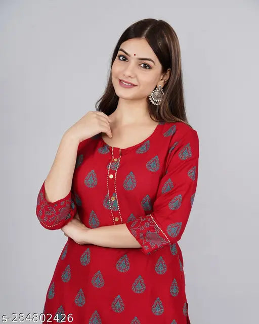 Women's Rayon Printed A-line Kurta and Palazzo Set, ideal for ethnic wear. Perfect for college, office, or small occasions. Long straight kurta perfect for professional settings. Can be worn by women of all professions. Made in India