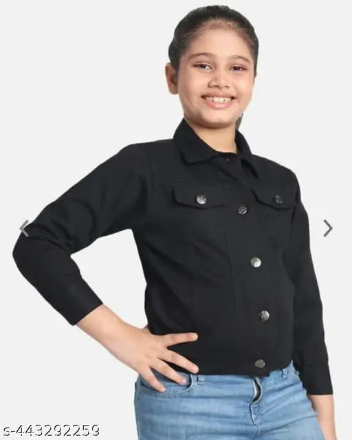 Black cotton long sleeve kids' jacket, solid design for 5-12 years old, India origin