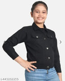 Black cotton long sleeve kids' jacket, solid design for 5-12 years old, India origin