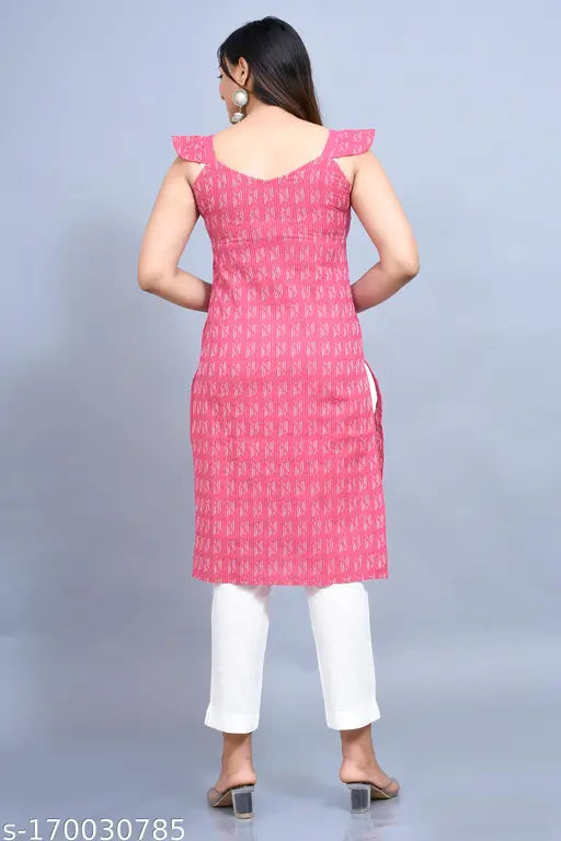 Pink cotton kurta with printed butterfly sleeves, sleeveless style for women in XS-XL sizes. Beautiful quality Indian-made pink kurta looks amazing with white pants or jeans." (125 characters)