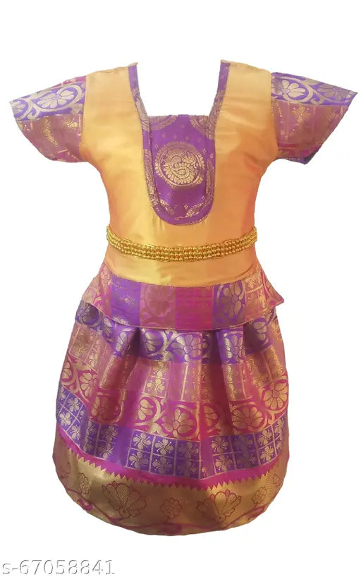 Cotton-silk Kids' Pattu Pavadai lehenga Choli set with gift - Solid jacquard design, short sleeves, ready-to-wear for festivals