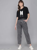 Black BTS women's round cotton cropped t-shirt with printed design, comfortable for daily wear and parties. Size chart available