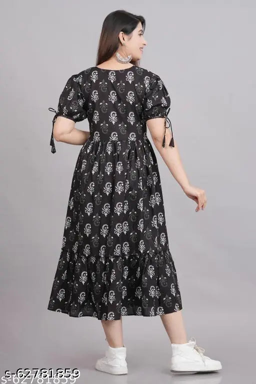 Black cotton Anarkali gown with printed combo, short sleeves, women's fashion, India-made