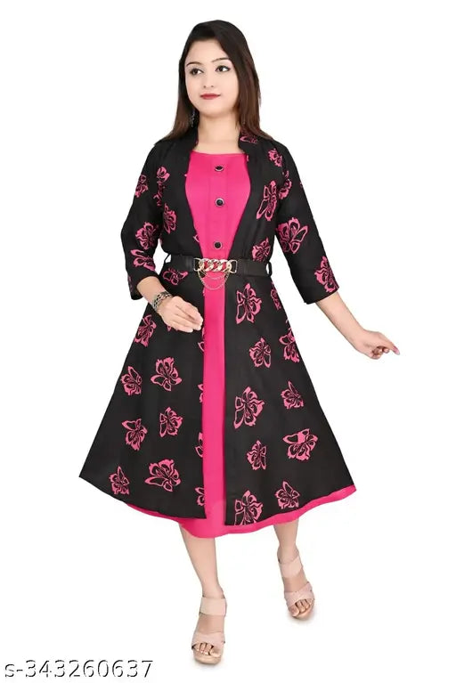 Rayon printed net girls' frock & jacket set, three-quarter sleeves, sizes: 12-13Y, 13-14Y, 14-15Y, 15-16Y, free size