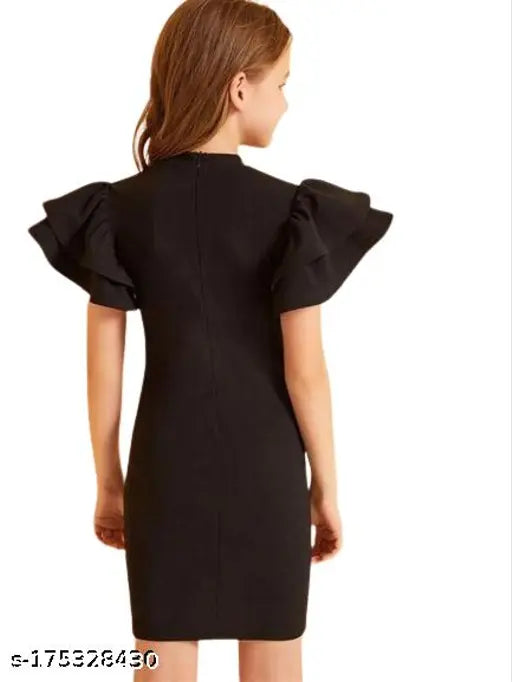 Black nylon high-low maxi dress, knee length for kids 5-14 years, solid pattern partywear for girls on display