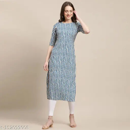 White & Blue Zig Zag Printed Crepe Straight Kurti for Women, 100% American Crepe