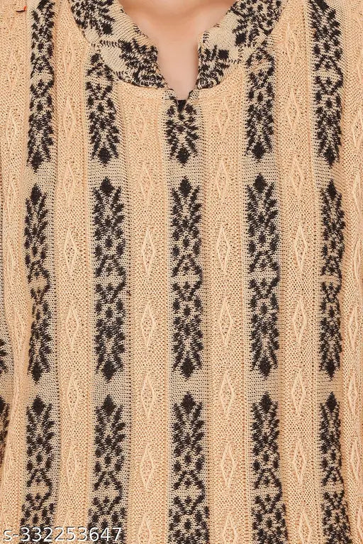 Woolen full-sleeve self-design kurti by FASHSTORE, round neck, size M (34in bust, 41in length), warm winter fashion accessory for women