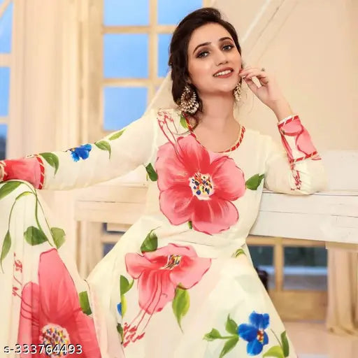 Rich cream Georgette gown with dupatta, printed combo long sleeves, women's formal wear from India (S: bust size 36in, M: bust size 38in, L: bust size 40in)