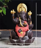 Orange resin Ganesha Backflow incense holder with 10 cones, Indian-made smoky waterfall illusion