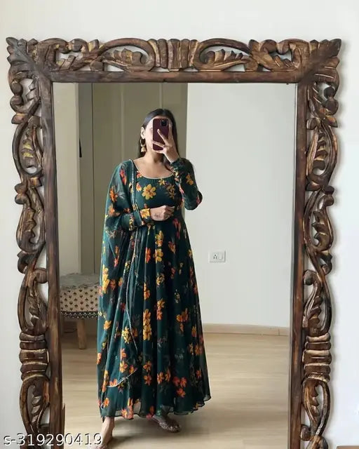 Green Georgette long-sleeve INAYA dress with printed pattern, Indian origin