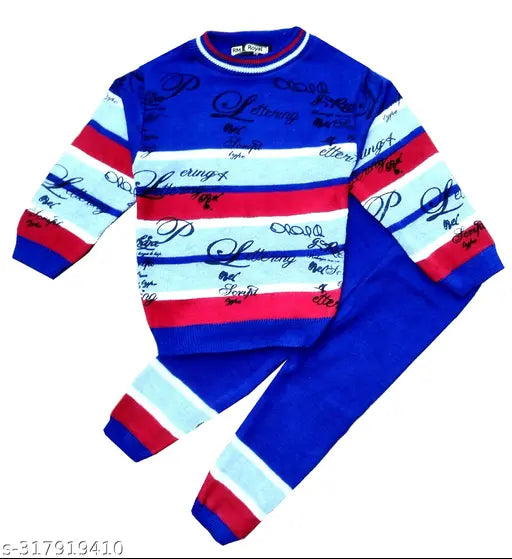 Woolen boys sweater set with long sleeves, printed design for kids clothing, India origin