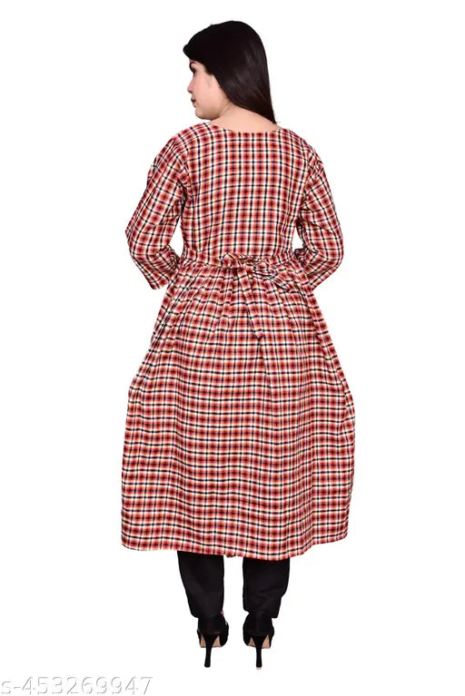 Woolen orange check frock with three-quarter sleeves, stylish long dress pattern on Indian rack
