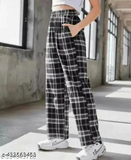 Women's cotton checked plaid trousers from the Western trending new collection for winter and summer. Sizes: 24 (waist 24, hip 30), 26 (waist 26, hip 32), 28 (waist 28, hip 34), 30 (waist 30, hip 36). India origin