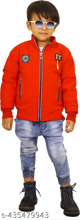 Kids polyester jacket, ethnic design, long sleeves, solid color. Classic winter wear for boys aged 2-10 from ONE KING AK, made in India