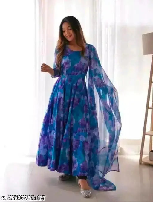 Flower print Georgette kurti with dupatta, three-quarter sleeves, digital print gown, no bottomwear - Indian handcrafted georgette dress for women