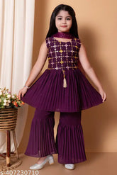 White embroidered A-line sharara bottoms for kids, chiffon material with dupatta, Indian ethnic wear for parties or events