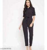 Black crepe collar jumpsuit, beautifully designed women's solid-colored outfit with three-quarter sleeves, India origin