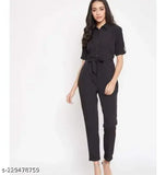 Black crepe collar jumpsuit, beautifully designed solid-pattern women's clothing for women