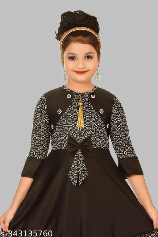 Black cotton blend printed frock for girls, three-quarter sleeves, casual everyday wear from India