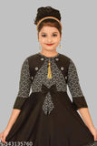 Black cotton blend printed frock for girls, three-quarter sleeves, casual everyday wear from India